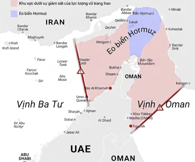 Iran công bố bản đồ phạm vi kiểm soát của nước này đối với eo biển Hormuz và các vùng biển tiếp giáp. Đồ họa: X/PGSA