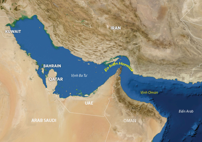 Vị trí vịnh Ba Tư, eo biển Hormuz, vịnh Oman và biển Arab. Đồ họa: NASA